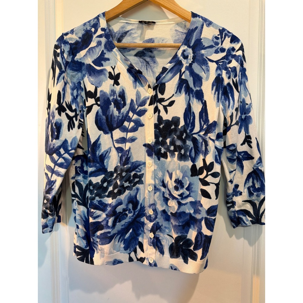 Talbots Charming Cardigan Watercolor Blossom Blue Floral V-Neck Sweater Medium
